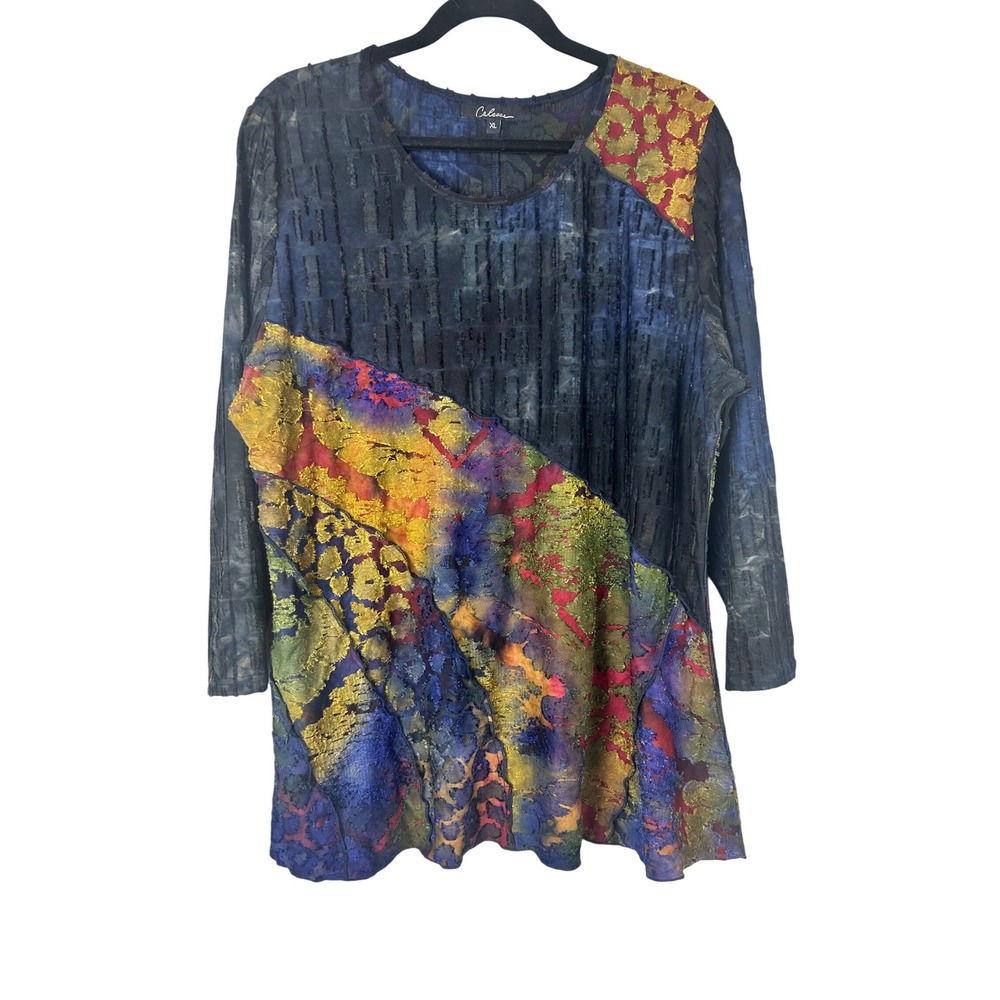 Calessa Abstract Mixed Media Burnout Tunic Top Art to Wear 3/4 Sleeve XL